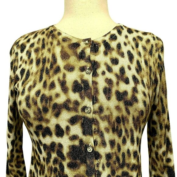 Joseph A. Metallic Leopard Print Button Front Cardi Long Sleeve Sweater Sz M - Picture 2 of 7